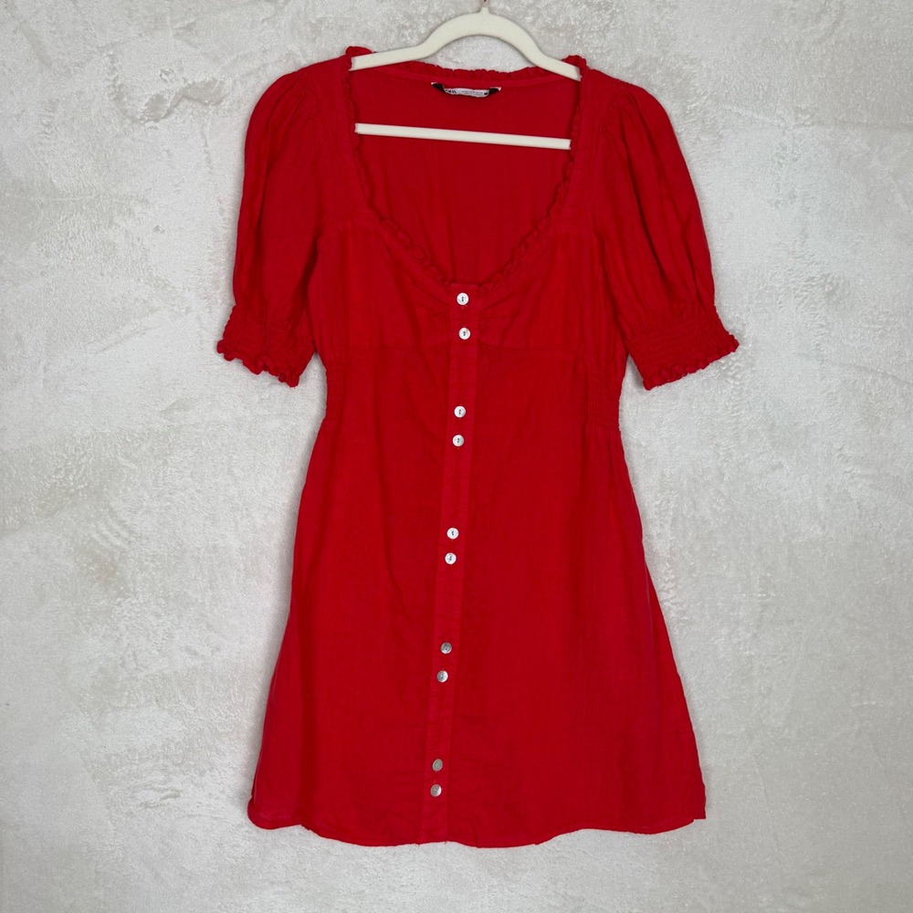 Zara Red 100% Linen Puff Sleeve Button Front Ruffle Mini Dress Womens Medium